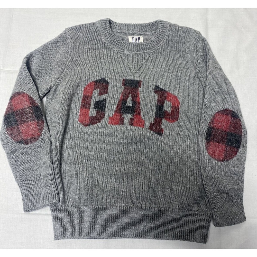 Gap Boys Size XS 4 5 Kids Grey crewneck sweater buffalo plaid logo and elbows
